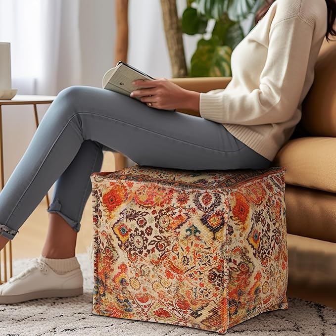 COTTON CRAFT Printed Pouf - Ottoman Foot Stool Bean Bag - Dorm Kids Room Bedroom Home Décor Accent Seating - Boho Modern Comfortable Prefilled Cotton Square Pouf Footrest - 17x17x17 inch - Coral Multi