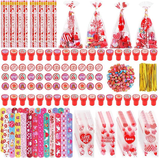 40pack 360x Valentine's Day Stationery Party Favors Bulk: Valentine's Pencil Eraser Slap Bracelets Stamps Treat Bags for Kids Classroom Gift Exchange School Games Prizes Reward Prizes Carnival Events