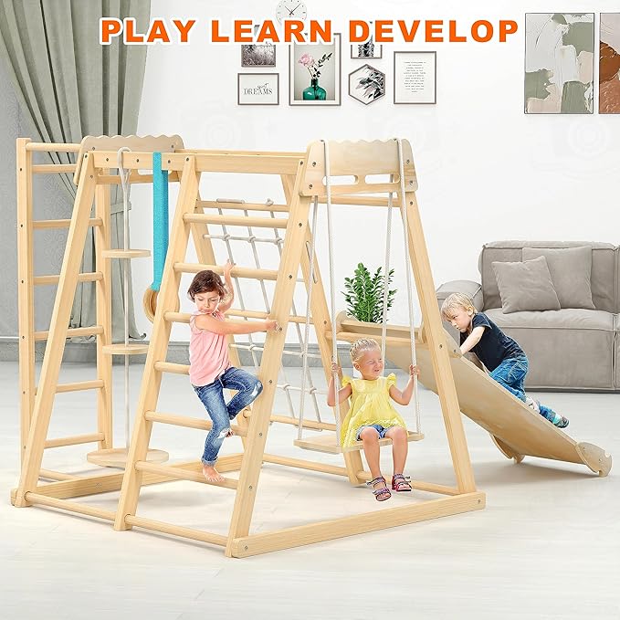 Jungle Gym, Toddler Climbing Toys, Indoor Playground Climbing Toys for Toddlers, Montessori Style Playground Sets for Backyards with Slide, Climbing Wall, Rope Wall Climber, Monkey Bars, Swing