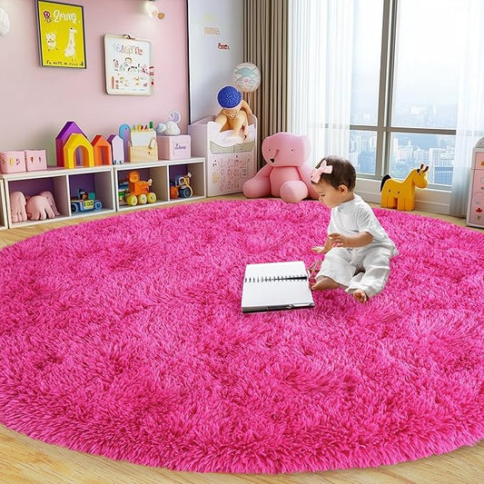Xexsin Round Fluffy Rugs 7Ft for Girls Bedroom, Hot Pink Shag Circle Kids Rug Non-Slip for Bedside Dorm Nursery Playroom, Soft Cute Area Rugs for Living Room Decor