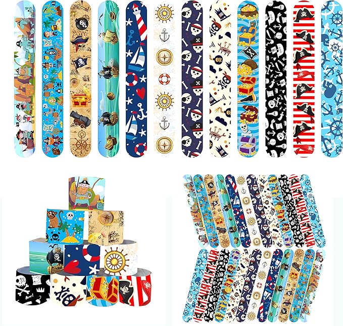 48 Pcs Slap Bracelets for Kids Pirate Party Favors Toys Slap Bracelets Bulk Snap Bracelet for Boys Birthday Party Supplies Classroom Prizes Exchanging Gifts Christmas Easter Halloween Holiday Gifts