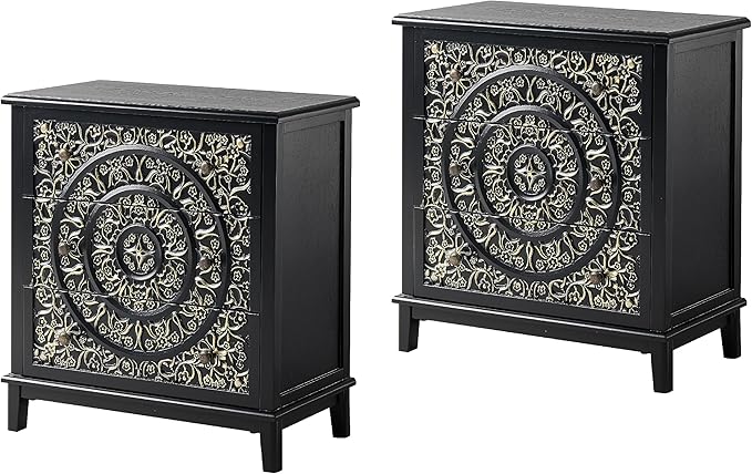 COZAYH 3-Drawer Fully-Assembled Flower Motif Dresser Set of 2 for French Country, Modern, Rustic Style, Distressed Finish, Gold & Black