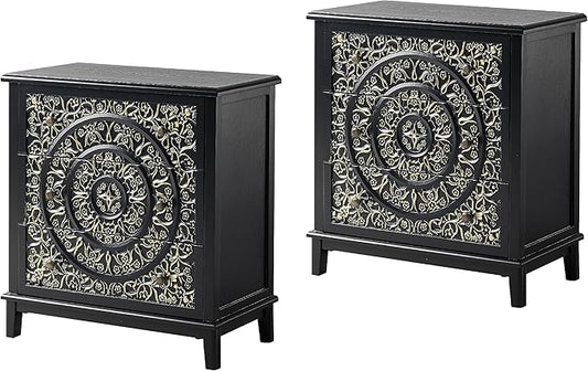 COZAYH 3-Drawer Fully-Assembled Flower Motif Dresser Set of 2 for French Country, Modern, Rustic Style, Distressed Finish, Gold & Black