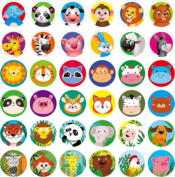 1800 PCS Round Animal Stickers, 36 Designs Adorable Cartoon Teacher Reward Encouragement Stickers for Kids, Party Decoration Sticker for School Classroom Home with Perforation Line(1” Each, 3 Rolls)