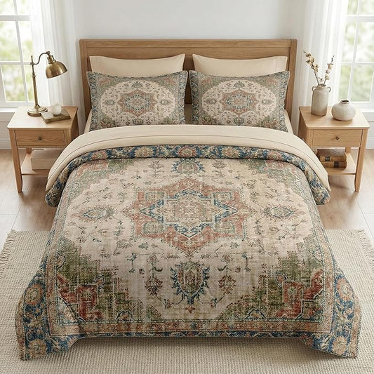 Comforter Set Queen Size, Vintage Medallion 7 Pcs Bedding for Kids and Adults, Floral Distressed Bed Sheet Sets with Fitted Sheet 2 Pillowcases & 2 Shams for Bedroom Bed Decor