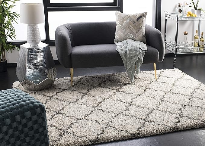 SAFAVIEH Hudson Shag Collection Area Rug - 5'3" x 7'6", Ivory & Grey, Moroccan Trellis Design, Non-Shedding & Easy Care, 2-inch Thick Ideal for High Traffic Areas in Living Room, Bedroom (SGH282A)