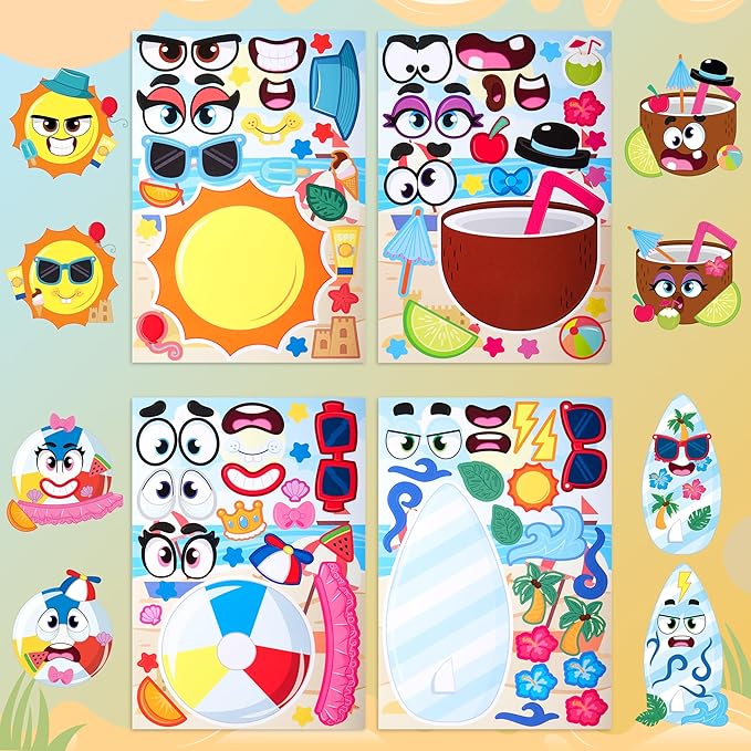 JOYIN 36 Pcs 9"x6" Summer Scene Make a face Stickers for Kids, Make Your Own Summer Sticker Sheets, Party Favors Kids Crafts, Goodie Bags Stuffers, Classroom Rewards