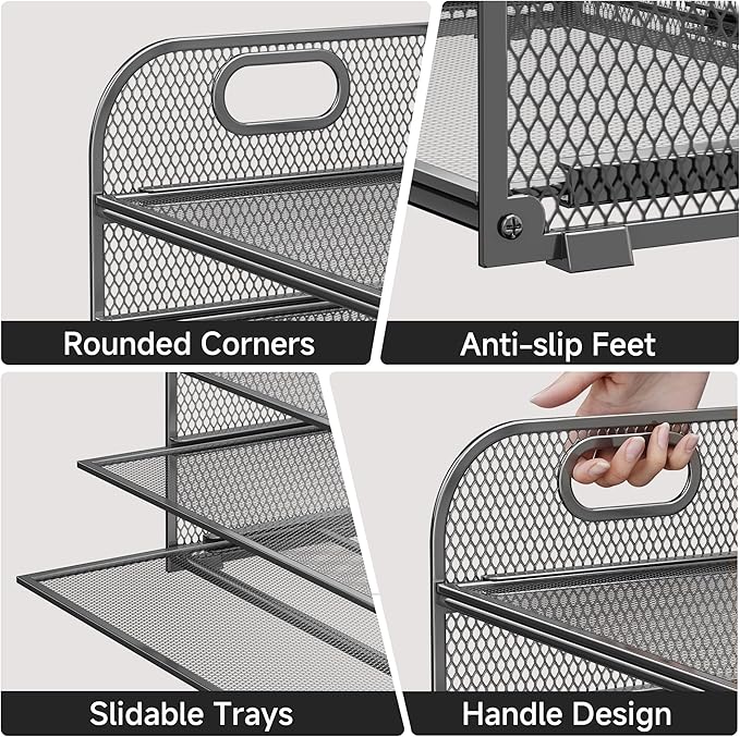 5-Tier Stackable Paper Organizer with Handle, Gray Metal Mesh Letter Tray | Modern Desk File Sorter for Office, Home & Classroom Organization