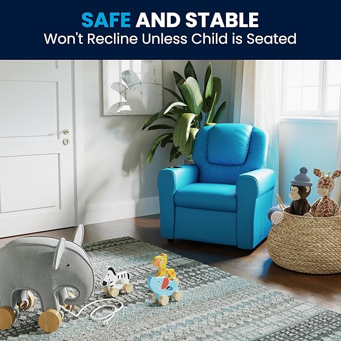 Flash Furniture Vana Vinyl Kids Recliner with Cup Holder, Headrest, and Safety Recline, Contemporary Reclining Chair for Kids, Supports up to 90 lbs., Turquoise