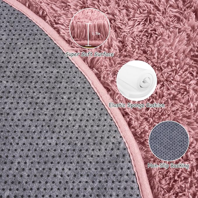 Xexsin Round Fluffy Rugs 6Ft for Girls Bedroom, Blush Pink Shag Circle Kids Rug Non-Slip for Bedside Dorm Nursery Playroom, Soft Cute Area Rugs for Living Room Decor