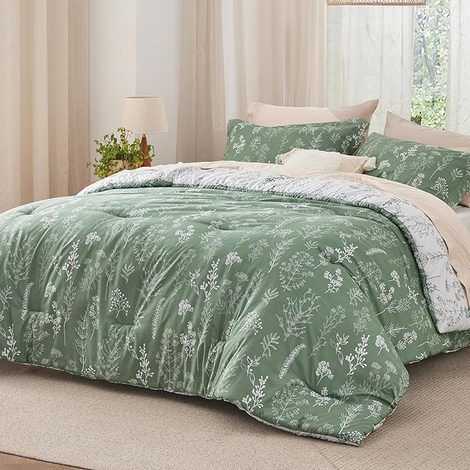 Bedsure Twin/Twin XL Comforter Set - Green Bed Set, 2 Pieces Cute Floral Bedding, 1 Soft Reversible Botanical Flowers Comforter and 1 Pillow Sham