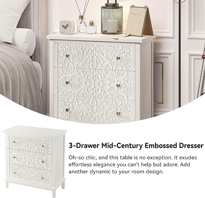 COZAYH 3-Drawer Fully-Assembled Flower Motif Dresser, Set of 2 Nightstand for French Country, Farmhouse, Modern, Rustic Style, Distressed Finish, White-Washed