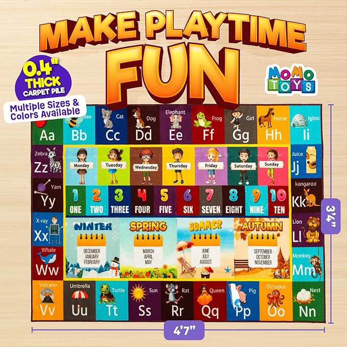 Educational Rug – Non-Slip ABC Carpet for Kids Room – 55" x 39" Soft Alphabet Kids Rug for Playroom, Daycare, Preschool, Classroom, Play Mat – Childrens ABC Mat with Letters Numbers Animals Months