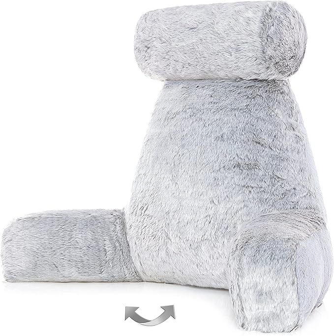 Husband Pillow XXL Rare Baby Arctic Grey Wolf Backrest, Two-Tone Reversible Double Sided Fabulous Faux Fur Reading & Bed Rest Pillow with Arms & Neck Roll, Adjustable Memory Foam - Extremely Comfy