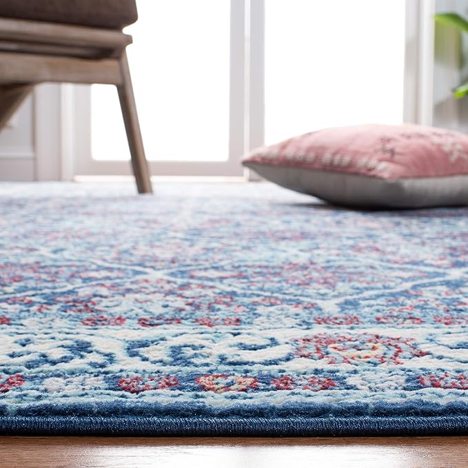 SAFAVIEH Brentwood Collection 3' x 5' Navy / Red BNT870N Oriental Damask Trellis Non-Shedding Living Room Bedroom Accent Rug