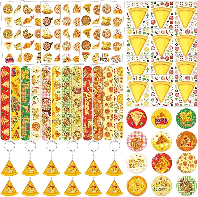 60 Pcs Pizza Party Favors Set Temporary Tattoos, Slap Bracelets, Keychains, Badges and Stickers for Pizza Themed Birthday Parties
