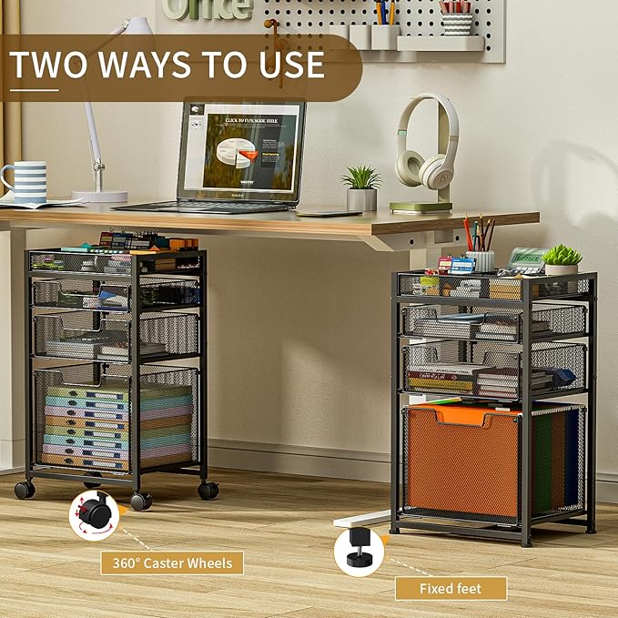 Rolling File Cart with 3 Storage Drawers, Under Desk Filing Cabinet with DIY Divider, Hanging File Folder Organizer on Wheels, Fits A4/Letter Size, Metal Utility Cart for Home Office, Black