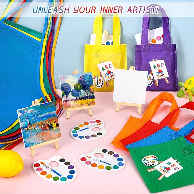 Aodaer 96 Pieces Mini Watercolor Paint Set Include 12 Colors 4 x 4 Inch Watercolor Paints, Wooden Canvas Easels, Canvas Tote Bags, Aprons, Back to School Art Beginner Supplies for Painting