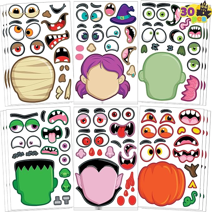JOYIN 30 Pcs Halloween Make a Face Stickers for Kids, Halloween Party Favor, Party Craft Supplies, Fall Sticker Sheets with 6 Different Facial Expression, Classroom Art Activities Treat Games Goodies