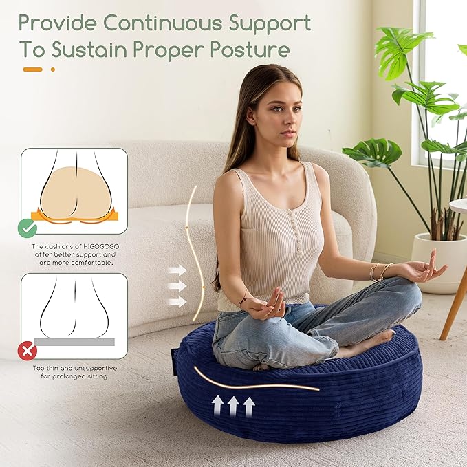 6" Washable Floor Pillow Cushion for Adults, Meditation Cushion Pillow, Large Round Floor Sitting, Removable Tufted Corduroy Cover, for Tatami Living Room or Yoga, 22x22 Inch, 2Pack, Machine Washable