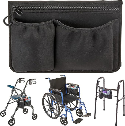 High Road Wheelchair Side Bag - Stretch Neoprene Walker Pouch with Insulating Cup Holder and 2 Storage Pockets