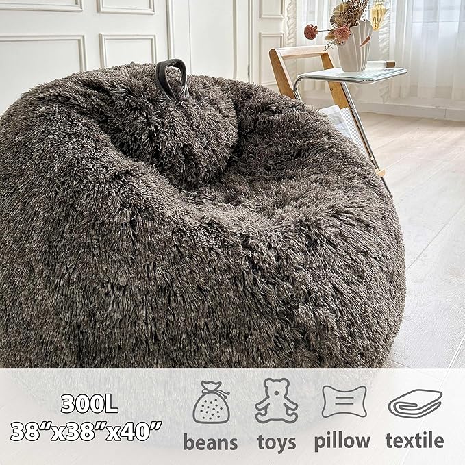 LIFEREVO Fluffy Bean Bag Chair Cover (No Filler), Soft Faux Fur Stuffed Animal Bean Bag Storage Cover for Adults Teens, Furry Comfy Stuffy Beanbag Cover for Plush Toys or Textile (Ombre Dark Grey)