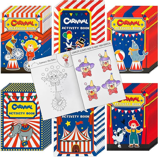 JAPBOR Carnival Activity Coloring Books - 24PCS Mini Circus Carnivals Activities Color Books Bulk for Kids Party Favors, Showman Themed Small Colouring Pages for Birthday Class Drawing Painting Game