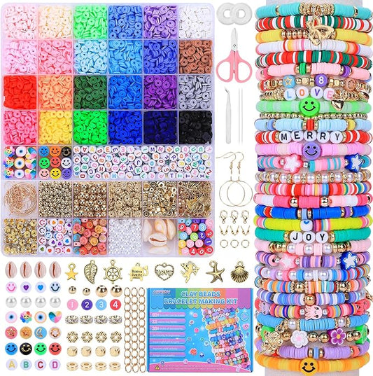 Clay Beads Bracelet Making Kit, 6500 Pieces, 24 Colors, Preppy Beads with Charms, DIY Jewelry Crafts for Kids 6-13