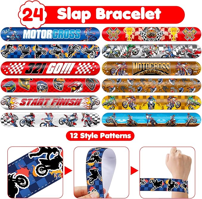48PCS Dirt Bike Party Favors - 24PCS Tattoos & 24PCS Slap Bracelets, Motocross Bike Pattern, Ideal for Themed Birthday Parties, School Prizes, and Classroom Gift Exchange for Kids