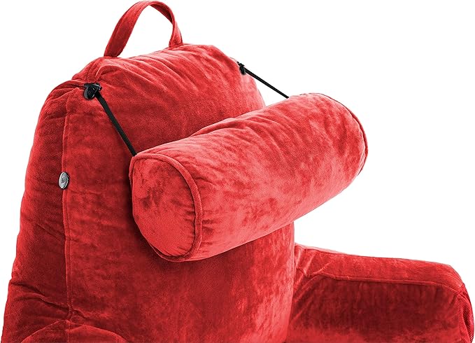 Husband Pillow Medium Red, Backrest for Kids, Teens, Petite Adults - Reading Pillows with Arms, Adjustable Loft, Plush Memory Foam, Bed Rest Chair for Sitting Up, Detach Neck Roll, Removable Cover