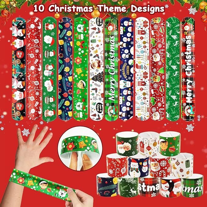 JUNEBRUSHS 50 Pack Christmas Party Favors Christmas Slap Bracelets Rubber Wristbands Assorted for Kids Slap Bands Silicone Snap Bracelets Bulk for Boys Girls Prizes Gifts Toys Stocking Stuffers