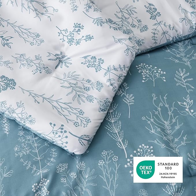 Bedsure King Comforter Set - Mineral Blue Bed Set, 3 Pieces Cute Floral Bedding, 1 Soft Reversible Botanical Flowers Comforter and 2 Pillow Shams