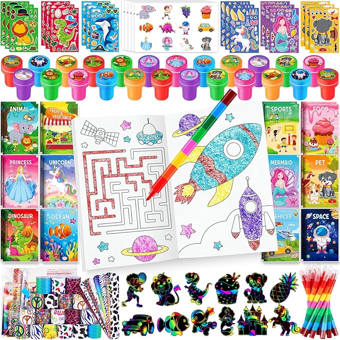 BenLouis 192Pcs Kids Party Favors Mini Coloring Books Crayon Slap Bracelets Stickers Set Bulk for Kids 4-8-12 Classroom Birthday Gifts Goodie Bags Pinata Stuffers School Rewards Crafts Supplies
