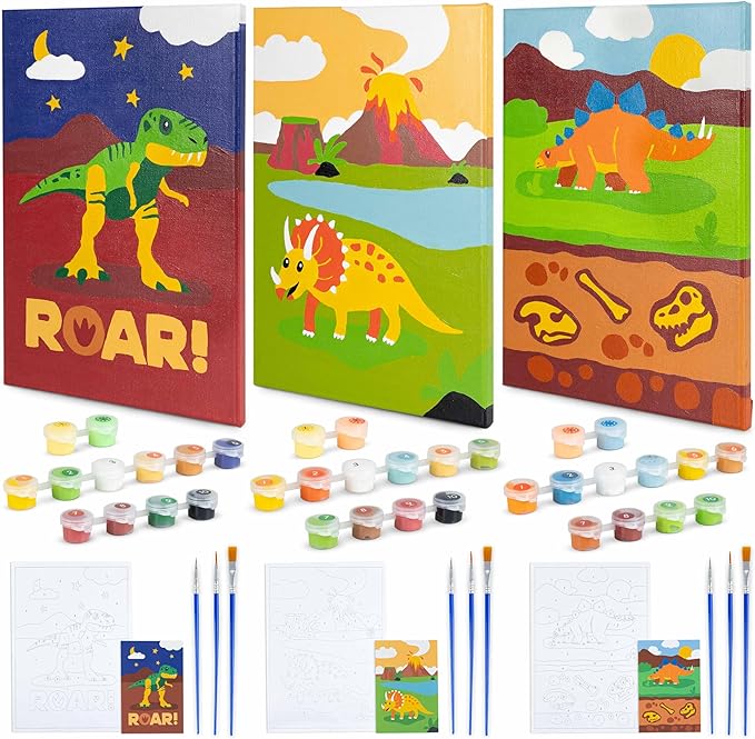 BONNYCO Paint by Numbers Kit for Kids Dinosaurs Pack 3 Canvas Paint by Number Canvas, Dinosaurs Gifts for Boys, Arts and Crafts, Kids Paint by Number Kits, Pre Drawn Canvas for Painting for Kids