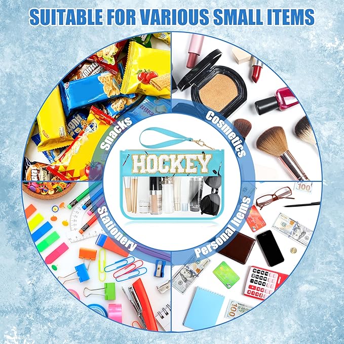 BuyCard Hockey Gifts Makeup Bag with Chenille Letter Patch, Clear Cosmetic Pouch PVC Organizer Purse, Waterproof Travel Bag, Portable Toiletry Storage Bag for Her Friends