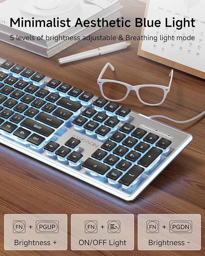 EWEADN GX710S Backlit Computer Keyboards, Wired USB Keyboard with Blue Backlit, Metal Panel, Plug and Play, Pudding Keycaps Full Size Quite Computer Keyboard for Win/PC/Laptop-Black