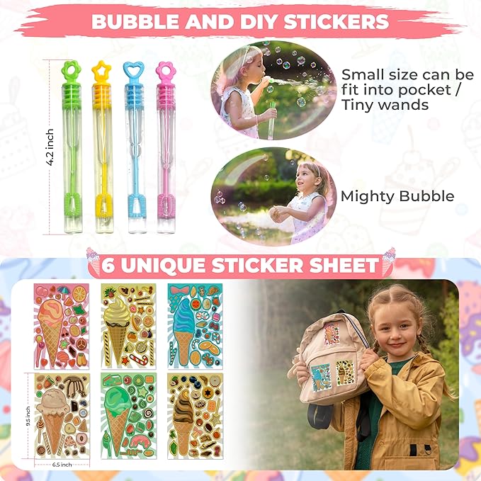 Ice Cream Party Favor 72 PCS Slap Treat Box Bracelets DIY Stickers Icecream Cone Foam Ball Keychain Bubble Gift Rewards for Kids Candyland Birthday Supply