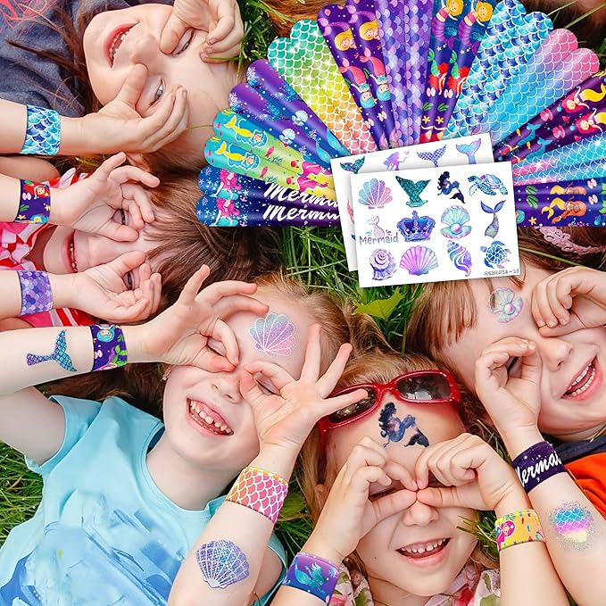 48PCS Mermaid Party Favors - 24PCS Tattoos & 24PCS Slap Bracelets - Undersea Birthday Supplies, Mermaid-Themed Decorations, Classroom Prizes, Gifts for Girls & Boys