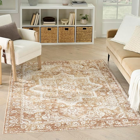 Nourison Astra Machine Washable Rust 5'3" x 7' Area Rug - Easy Cleaning, Non Shedding, Bed Room, Living Room, Dining Room, Kitchen (5' x 7')