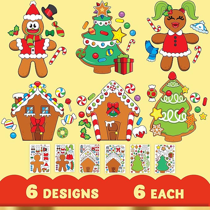 JOYIN 36 Pcs Christmas Make-a-face Sticker Sheets Make Your Own Xmas Cute Stickers with Gingerbread and Tree Sticker Series Design for Kids Party Favor, Art Craft Supplies, Classroom Activities Game