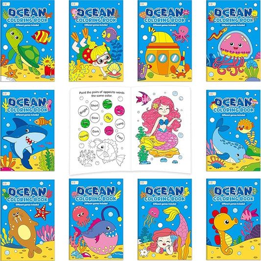 Hebayy 10 Pack Coloring Books for Kids, Ocean Theme Coloring Page with Games, Under the Sea Bulk Mini Coloring Books for Kids, Party Activity, Gifts