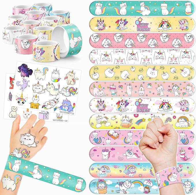 48PCS Caticorn Party Favors - 24PCS Tattoos & 24PCS Slap Bracelets - Cat Unicorn Birthday Supplies, Kitty-Themed Decorations, Classroom Prizes, Gifts for Girls & Boys