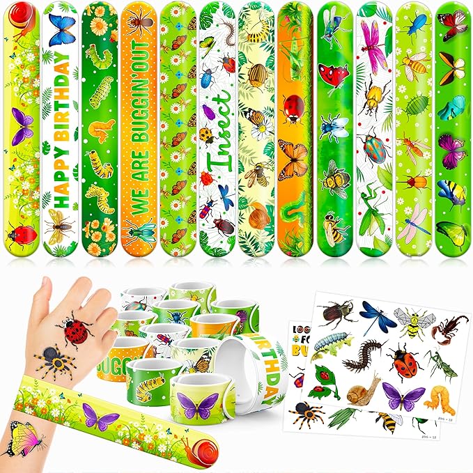 48 Bug 24PCS Bug Temporary Tattoos Sticker 24PCS Slap Bracelets Perfect for Themed Birthday Party Favors Baby Showers or Classroom Rewards Ideal Decor and Gifts for Girls and Boys