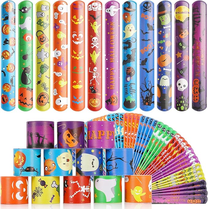 Halloween Party Favors for Kids, 48 PCS Halloween Slap Bracelets Assorted Bulk Party Decorations, Snap Bracelet Wristbands for Kids Print with Spider Pumpkin Ghost Print Halloween Treats Supplies