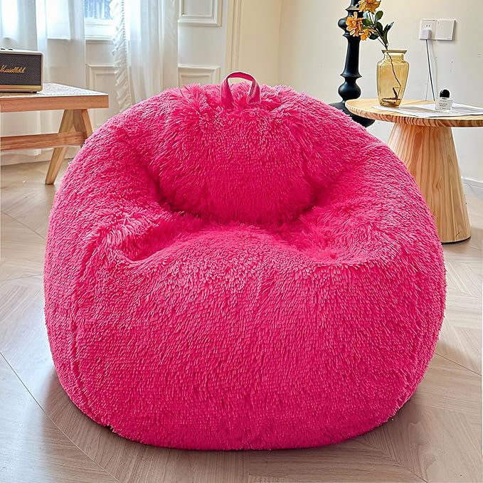 XeGe Fluffy Stuffed Animal Storage Bean Bag Chair Cover(No Filler), Faux Fur Washable Soft Bean Bag Cover for Plush Toys or Textile, Plush Shaggy Large Bean Bag for Adults Kids Teens, Hot Pink