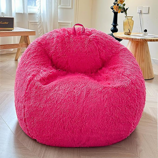 XeGe Fluffy Stuffed Animal Storage Bean Bag Chair Cover(No Filler), Faux Fur Washable Soft Bean Bag Cover for Plush Toys or Textile, Plush Shaggy Large Bean Bag for Adults Kids Teens, Hot Pink