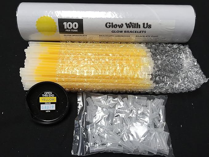 Glow Sticks Bulk Wholesale Bracelets, 100 8” Yellow Glow Stick Glow Bracelets, Bright Color, Glow 8-12 Hrs, 100 Connectors Included, Glow Party Favors Supplies, Sturdy Packaging, GlowWithUs Brand