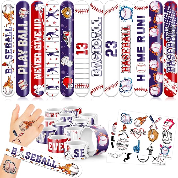 48PCS Baseball Party Favors - 24 Tattoos & 24 Slap Bracelets for Kids, Perfect for Sports-Themed Birthdays, School Prizes, and Classroom Rewards