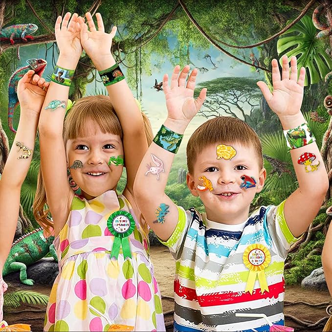48PCS Reptile Party Favors - 24 Tattoos & 24 Slap Bracelets, Alligator, Lizard, Gecko, Snake Patterns - Perfect for Reptile-Themed Birthdays, Classroom Prizes, and Party Supplies for Boys & Girls