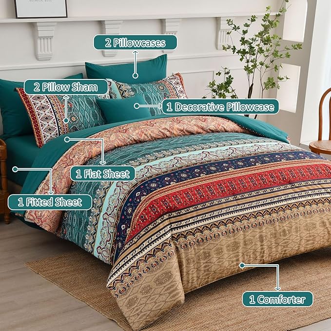 Cottolester Boho Full Size Comforter Set 8 Pieces,Green and Brown Bohemian Striped Bed in a Bag,Floral Soft Microfiber Bedding Comforter Set